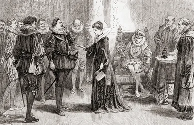 Scène de la pièce de William Shakespeare, Tout est bien qui finit bien, Acte II, Scène 3, de Les Œuvres de William Shakespeare, publié en 1896
